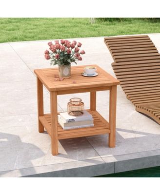 Patio Acacia Wood Side Table with Slatted Top and Storage Shelf