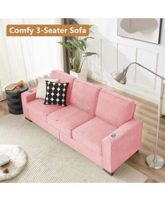 Modern 3-Seater Sofa Couch, 83.86" Snowfleece Fabric Sofa, Comfy Compressed Couch with 2 Cup Holders for Living Room, Office