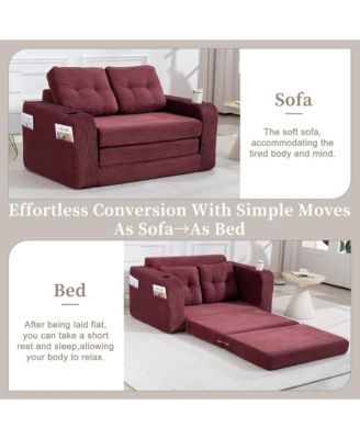 Multi-use Convertible Sofa Bed, Boneless Corduroy Loveseat Floor Couch with Cup Holders and Pillows, Modern Sofa Bed for Living Room