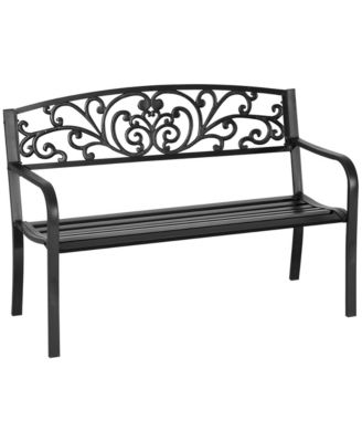 50" Outdoor Bench, Metal Garden Bench with Floral Pattern Backrest, Porch Bench