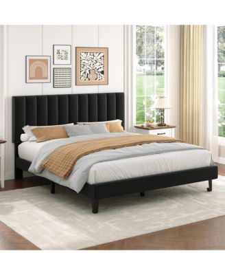 Platform Bed Frame and Velvet Upholstered Headboard with Adjustable Vertical Channel Tufted Headboard, No Box Spring Needed, Easy Assembly