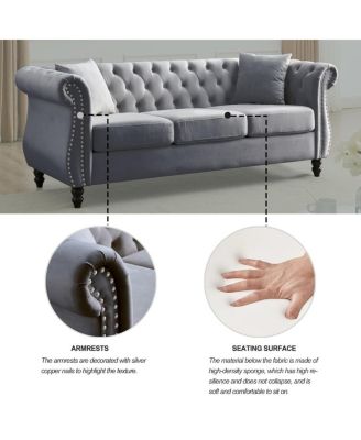 80" Velvet Sofa 3-Seater Tufted Chesterfield Couch Rolled Arm Nailhead