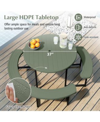 Round Picnic Table Bench Set with Four Benches and Umbrella Hole