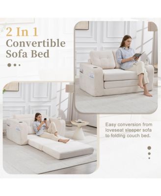 Convertible Sofa Bed - Boneless Loveseat Sofa, Fold Out Floor Couch with Cup Holder and Pillows, Corduroy Fabric for Living Room
