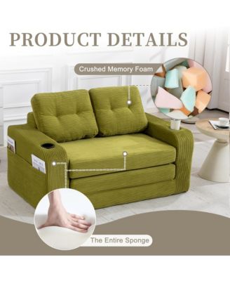 Fold Out Convertible Sofa Bed, Comfortable Corduroy Loveseat Floor Sofa with Cup Holders and Pillows for Living Room and Small Spaces