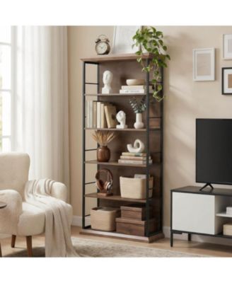 72'' Wooden Bookcase, 5-Tier Farmhouse Bookshelf, Free-Standing Display Storage Shelves