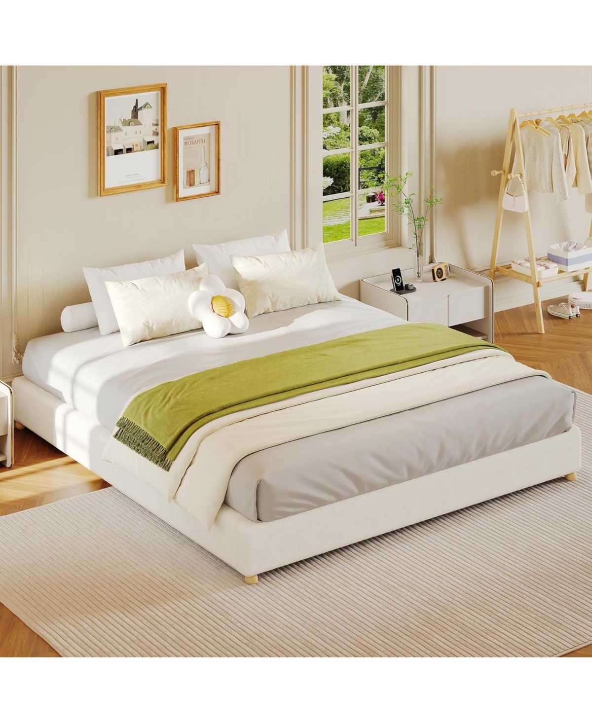 gaomon Cloud Bed Frame, Corduroy Upholstered Low Platform with Wood Legs