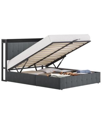 Lift Up Bed Frame, Upholstered Bed with Button Tufted Wingback Storage Headboard, Hydraulic Storage, No Box Spring Needed, Wood Slats Support