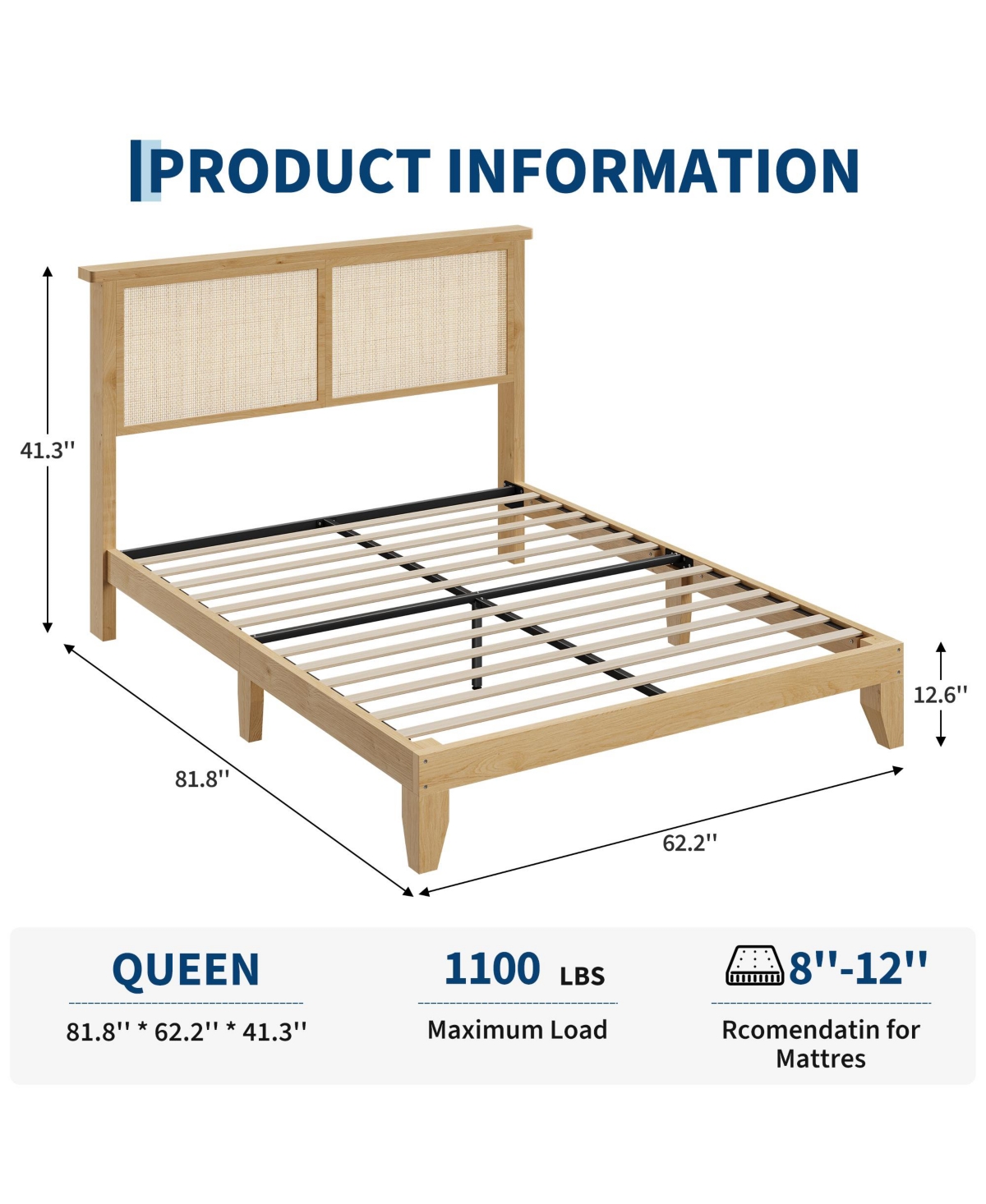 Homfan Bed Frame with Rattan Headboard, Platform Bed Frame with Led Lights