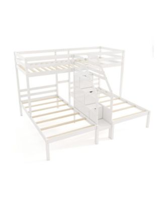 Twin Over Twin and Twin Bunk Bed with Storage Staircase and Guardrail for 3 Kids Teens