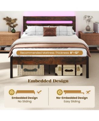 King Size Heavy-Duty Metal Slats Support Bed Platform with Charging Station
