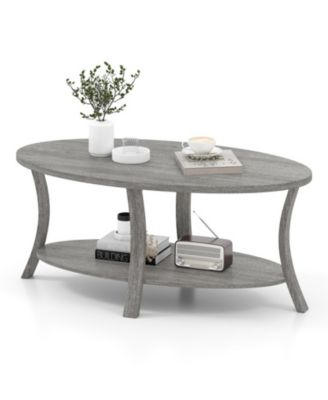 44 in Oval 2-Tier Rubber Wood Coffee Table with Open Storage Shelf