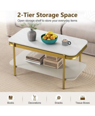 35.5 in Modern Sintered Stone 2-Tier Coffee Table with Gold Metal Frame