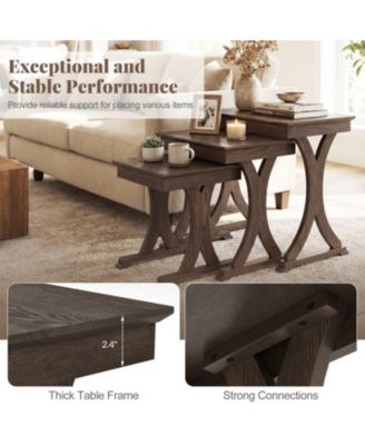 3-Piece Nesting Coffee and Side Table Set with Solid Rubber Wood Legs