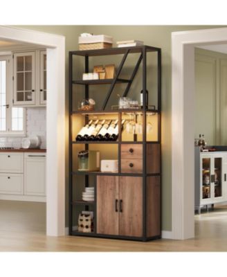 Wine Bar Cabinet with LED Lights and Power Outlets – Tall Coffee Bar Station with Wine Rack, Kitchen Microwave Stand and Bakers Rack – Stylish