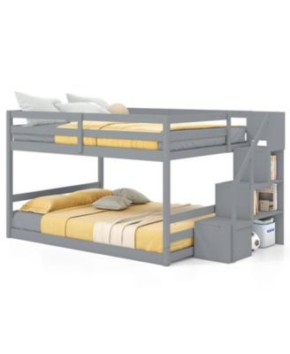 Solid Wood Full Over Full Low Bunk Bed with Storage Stairs
