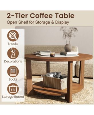 31.5 in Farmhouse Round Coffee Table with 2-Tone Top and Storage Shelf
