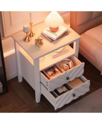 LED Night Stand with 2 Storage Drawers and Stable Wooden Legs Farmhouse Nightstand w/V-Shaped Design and Open Storage Shelf