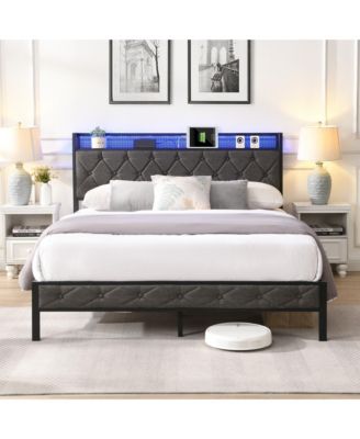 Full Size Upholstered Bed Frame with Storage Headboard, LED Lights and Charging Station, Platform Bed