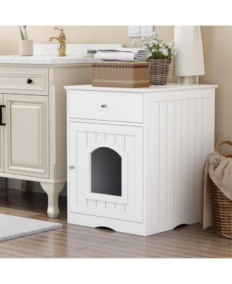 Wooden Indoor Pet House with Drawer, Multi-Function Cat and Small Animal Home, Enclosed Furniture Crate Nightstand for Bedroom