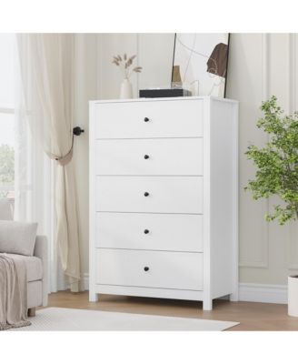 Modern 5 Drawer Wooden Dresser Chest, Tall Cabinet with Deep Storage Drawers, Metal Knobs