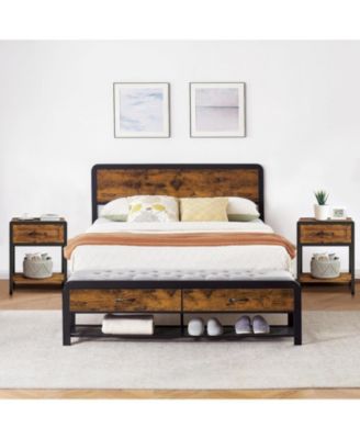 3-Pieces Bedroom Sets Full Size Platform Bed Frame with Wood Headboard and Ottoman Bench 2 Nightstands with Charging Station and Drawers