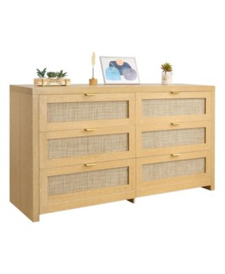 6 Drawer Rattan Dresser, Natural Rattan Chest with Metal Handle for Bedroom