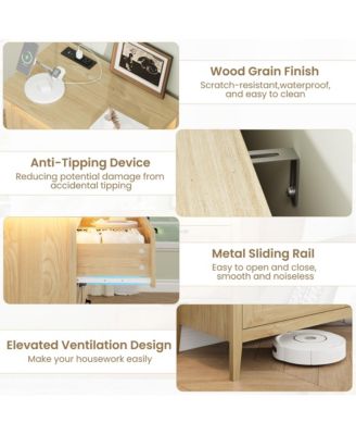 Farmhouse Drawer Dresser with Charging Station and LED Lights, Slim Wooden Bedroom Dresser