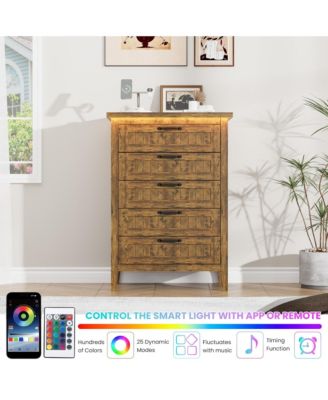 Farmhouse Drawer Dresser with Charging Station and LED Lights, Slim Wooden Bedroom Dresser