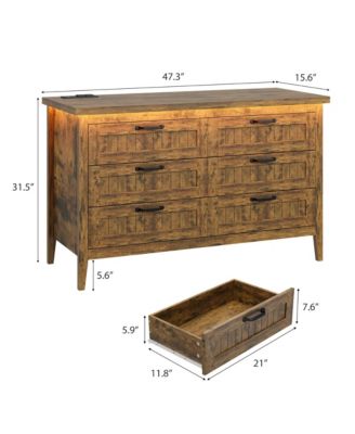 Farmhouse Drawer Dresser with Charging Station and LED Lights, Slim Wooden Bedroom Dresser