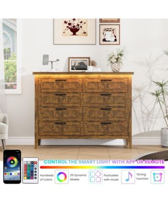 Farmhouse Drawer Dresser with Charging Station and LED Lights, Slim Wooden Bedroom Dresser
