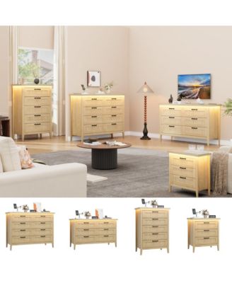 Farmhouse Drawer Dresser with Charging Station and LED Lights, Slim Wooden Bedroom Dresser