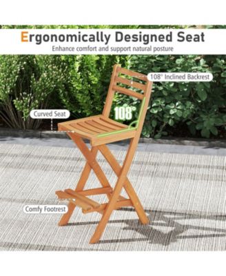 Folding Acacia Wood Bar Height Chair Set of 2 with Backrest and Footrest