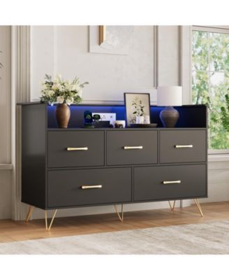 Wooden Dressers for Bedroom with 5 Storge Drawers and LED Lights and Charging Station, Wood Chest of Drawers