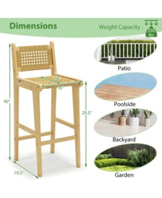Teak Wood Patio Bar Stool with Woven Rattan Backrest and Seat