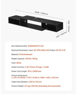 Floating TV Stand, 59inch Wall Mount, with Power Outlet and Cable Hole