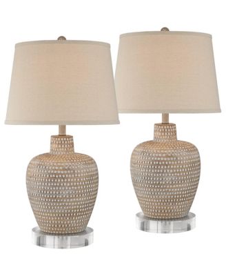 Glenn Farmhouse Table Lamps Set of 2 with Round Risers 28 1/2" Tall Dappled Sandy Oatmeal Fabric Drum Shade for Bedroom Home