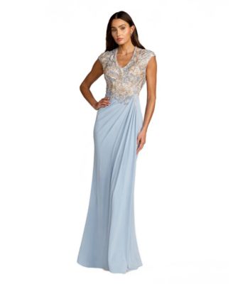 Women's Beaded V-Neck Evening Gown with Embellished Bodice