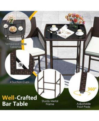 3-Piece Wicker Outdoor Bar Set with Tempered Glass Table and Cushioned Armchairs