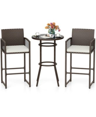 3-Piece Wicker Outdoor Bar Set with Round Tempered Glass Table and Armchairs