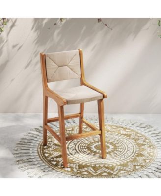 Woven Paper Rope Counter Height Outdoor Bar Stool with Teak Wood Frame