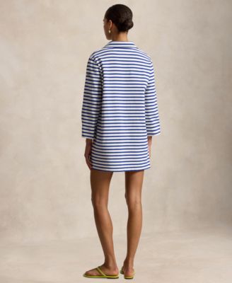 Women's Striped Cotton Jersey V-Notch Collar Dress