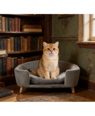 Zeus and Ruta Elevated Cat Bed Frame for Kittens/Cats with Corduroy Cat Couch, Rubber Wood Legs, Supportive Foam