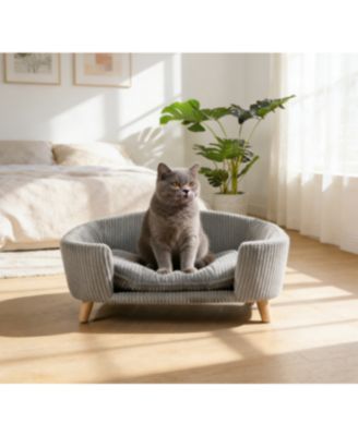 Zeus and Ruta Elevated Cat Bed Frame for Kittens/Cats with Corduroy Cat Couch, Rubber Wood Legs, Supportive Foam