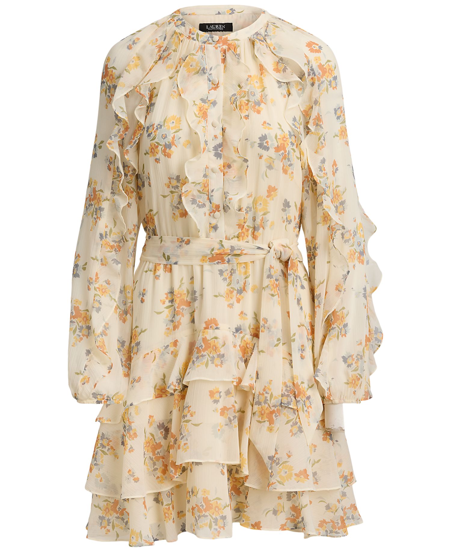 Petite Band Collar Floral Ruffle-Trim Tiered Dress