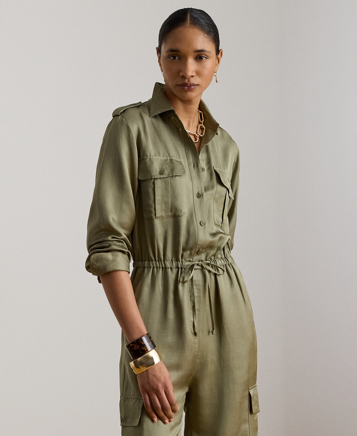 Lauren Ralph Petite Spread Collar Shantung Cargo Jumpsuit