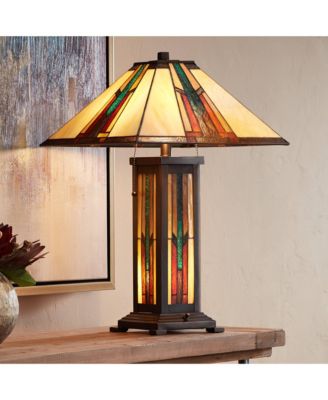 Mission Style Table Lamp with Table Top Dimmer and Night Light 25" High Bronze Stained Glass for Living Room Bedroom