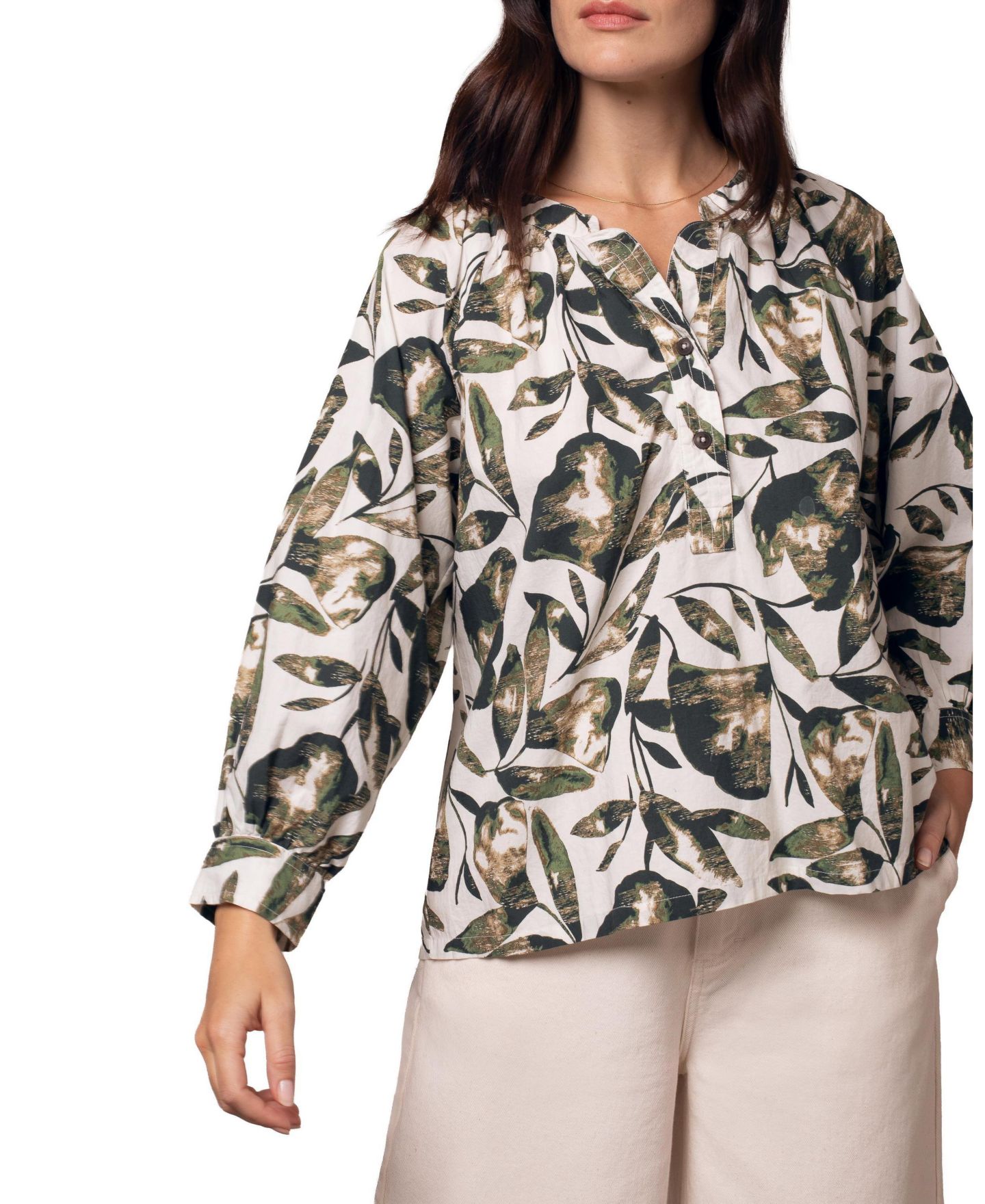Женская блузка Celtic & Co. Relaxed Cotton Printed V-Neck, цвет: Меловой / Хаки — фото 4
