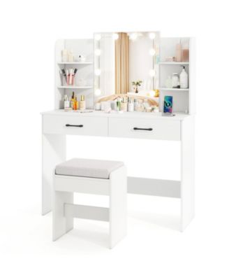 Vanity Set with Lighted Mirror Stool and Power Outlet
