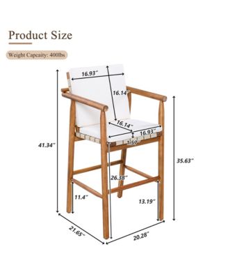 Set of 2 Outdoor Counter Height Bar Stools with Acacia Wood Frame, Backrest and Webbing Seat